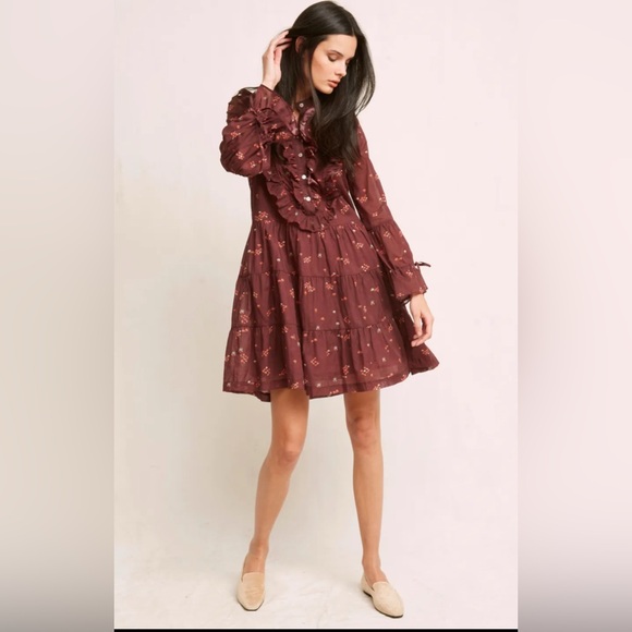 Nwt Warm Women's Red Round Neck Long Bell Sleeve Floral Mini Dress Size 0 - Picture 1 of 7